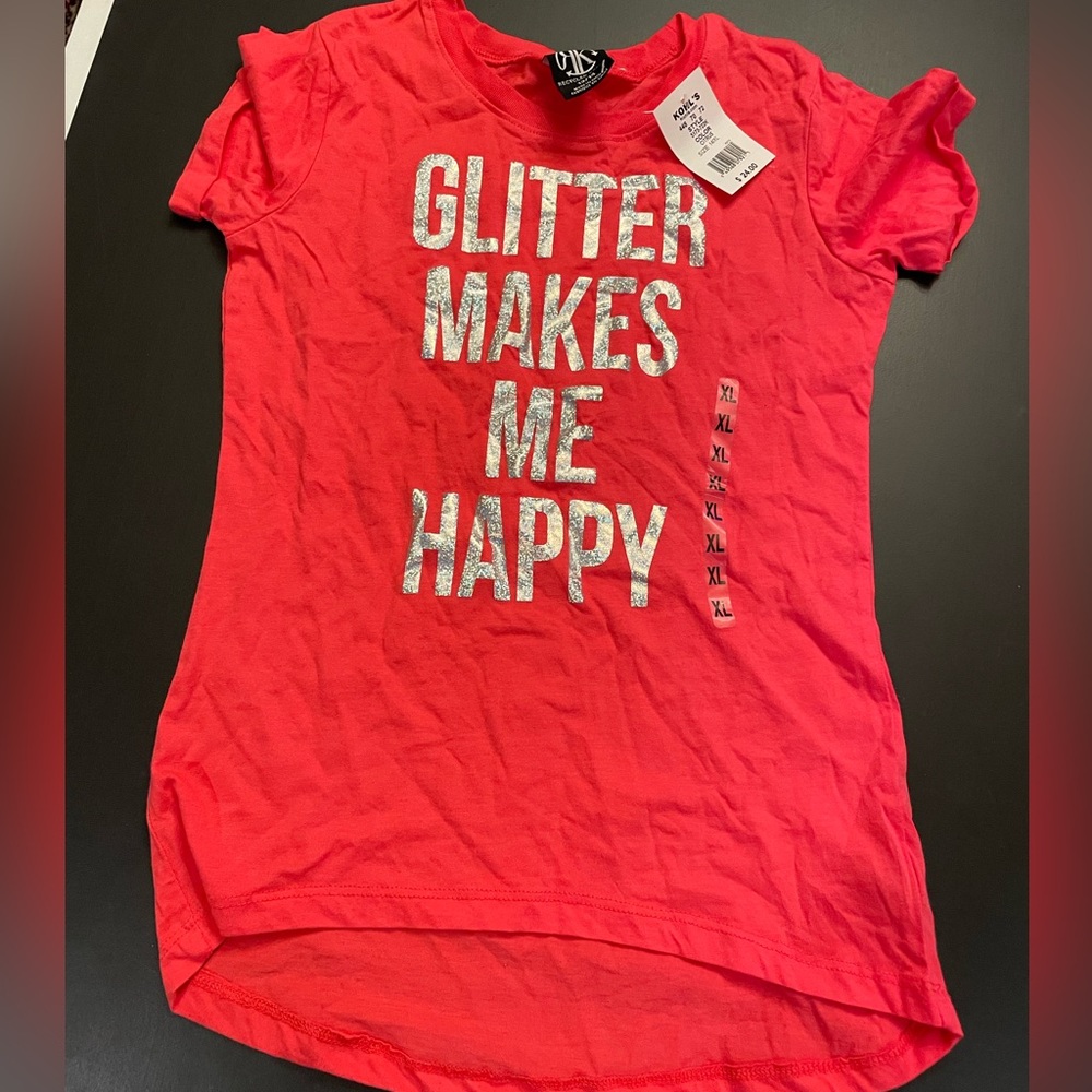 “Glitter Makes Me Happy” tshirt size 13/14 NWT red/pink with silver lettering